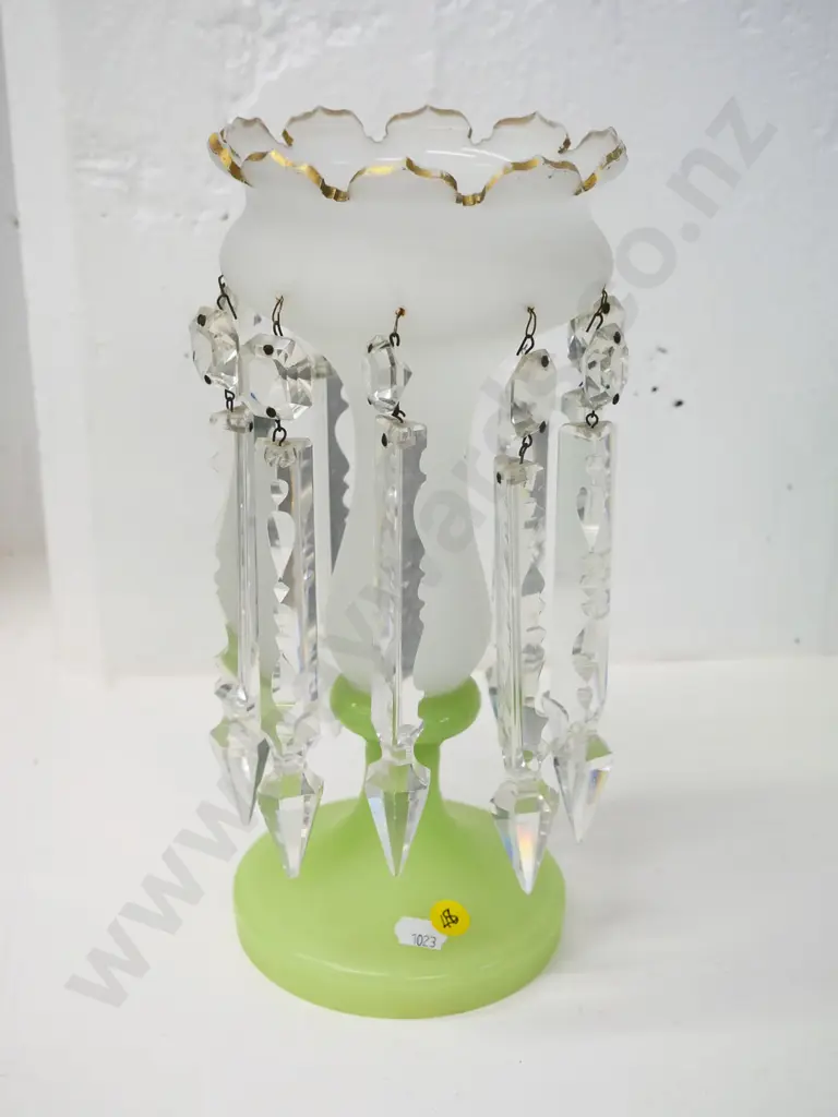opaque green and white glass with gold rim lustre vase H-280 Image 1++