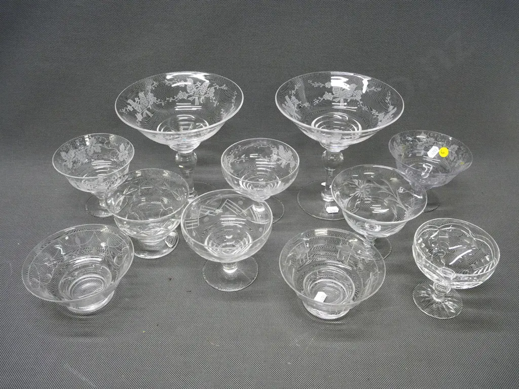 cut & etched crystal comports - 2 large H-165 D-160 and 9 smaller - Stuart, Tudor, etc. Image 1++