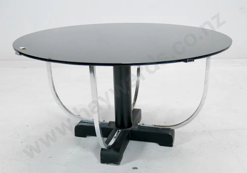 deco circular black glass topped coffee table with chrome and timber base, some paint wear & chips to glass H-420 D-760 Image 1++
