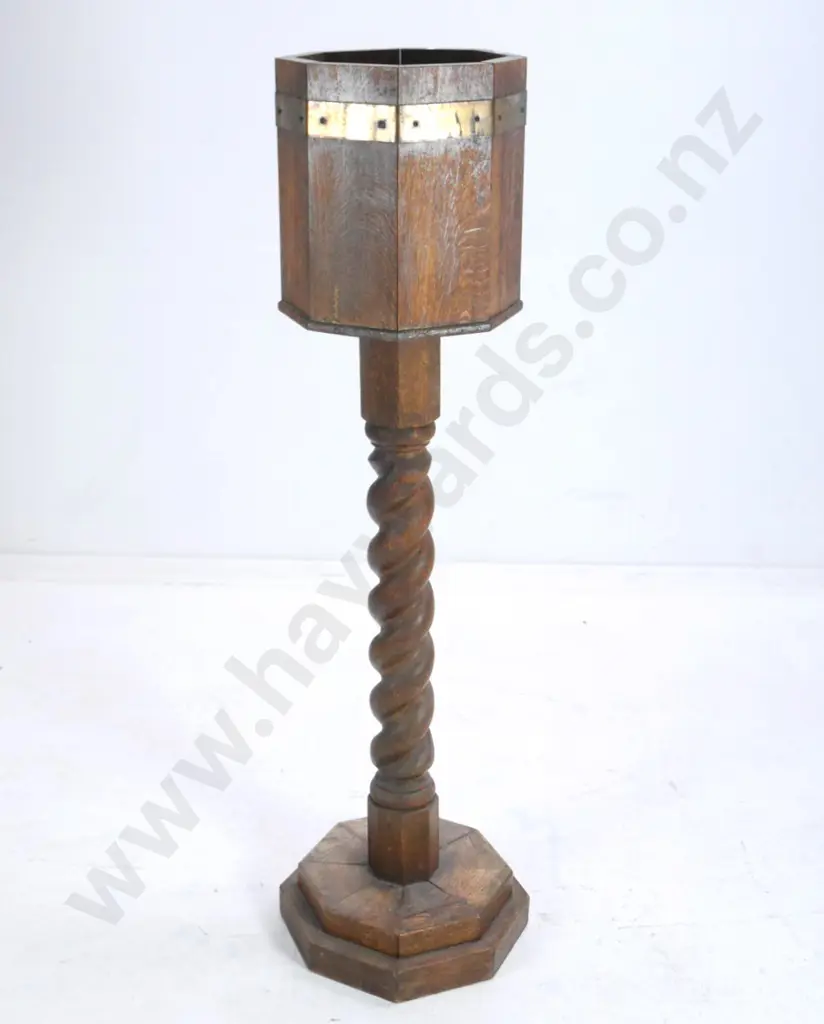 oak indoor plant stand with barley twist stem, brass strapping. A bit wobbly, wear to polish H-1160 W-330 Image 1++