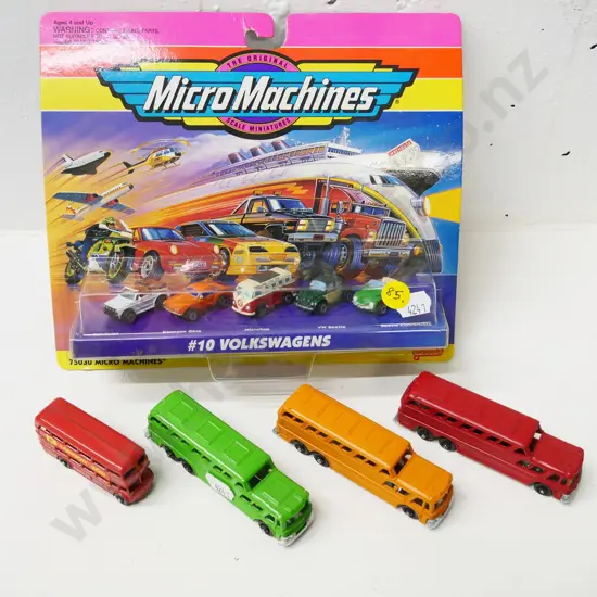 die-cast miniature buses - 3 Fun Ho, and one British, and carded set of 5 Micro Machines VW models