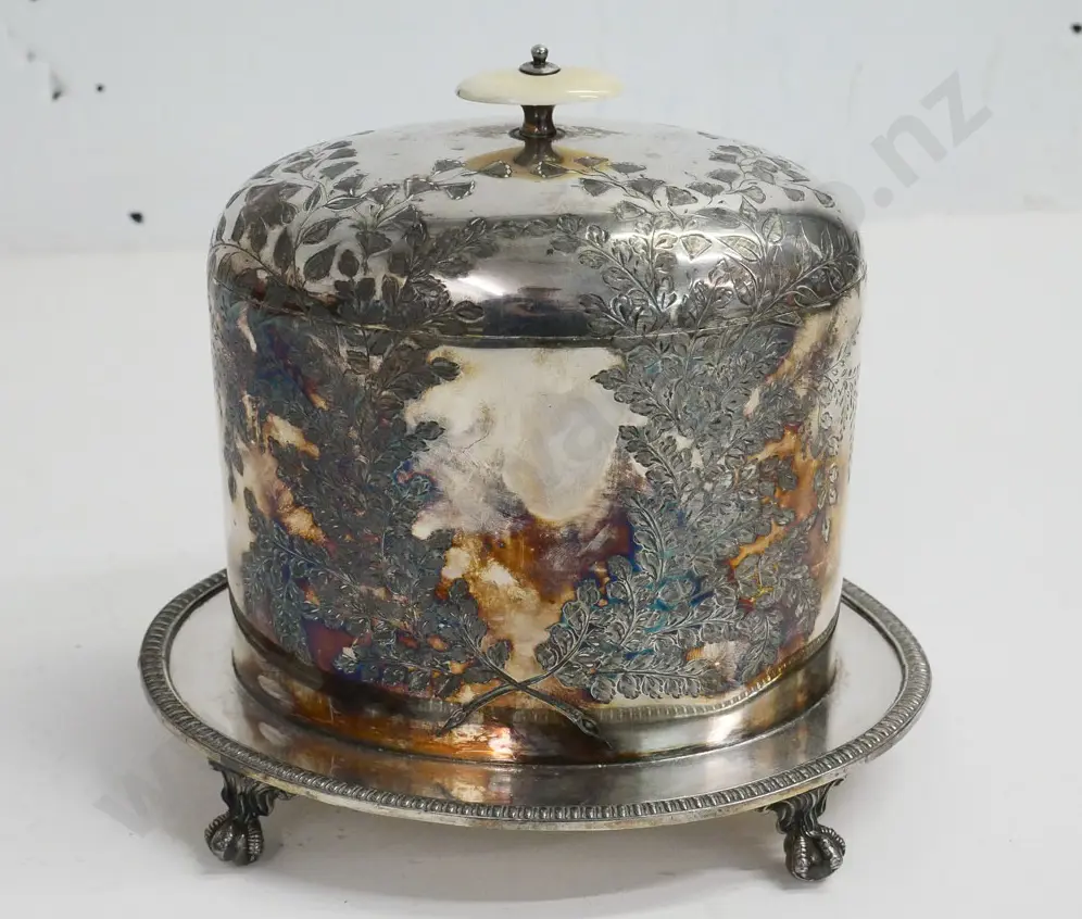 plated tea caddy on fixed tray with hinged lid, etched maidenhair fern pattern, bone or faux ivory handle H-180 W-190 Image 1++