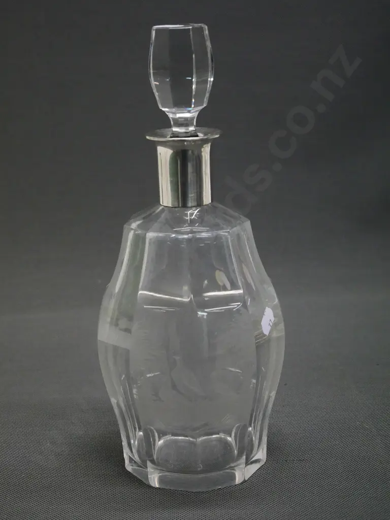 sterling silver (830s) mounted heavy etched glass decanter - internal haze H-290 Image 1++
