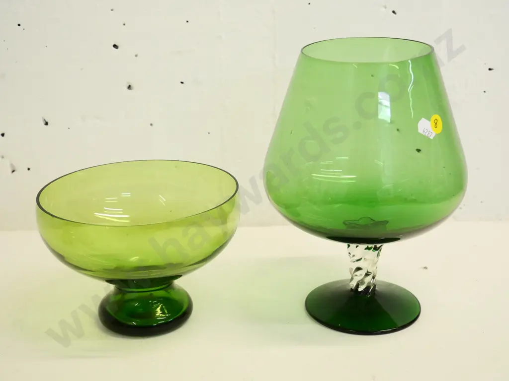 green glass footed bowl and a large green glass clear stem goblet H-230 Image 1++
