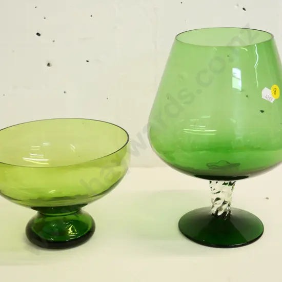 green glass footed bowl and a large green glass clear stem goblet H-230