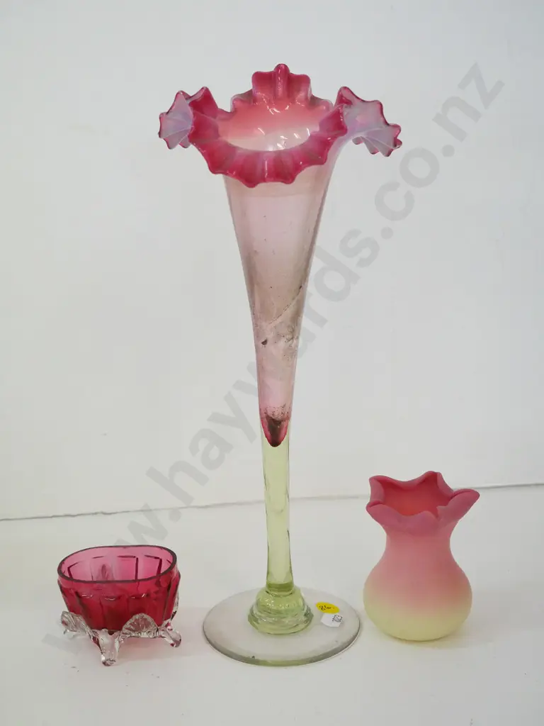 glass items - frilled top pink & yellow vase H-300, pink & cream vase, small cranberry footed dish Image 1++