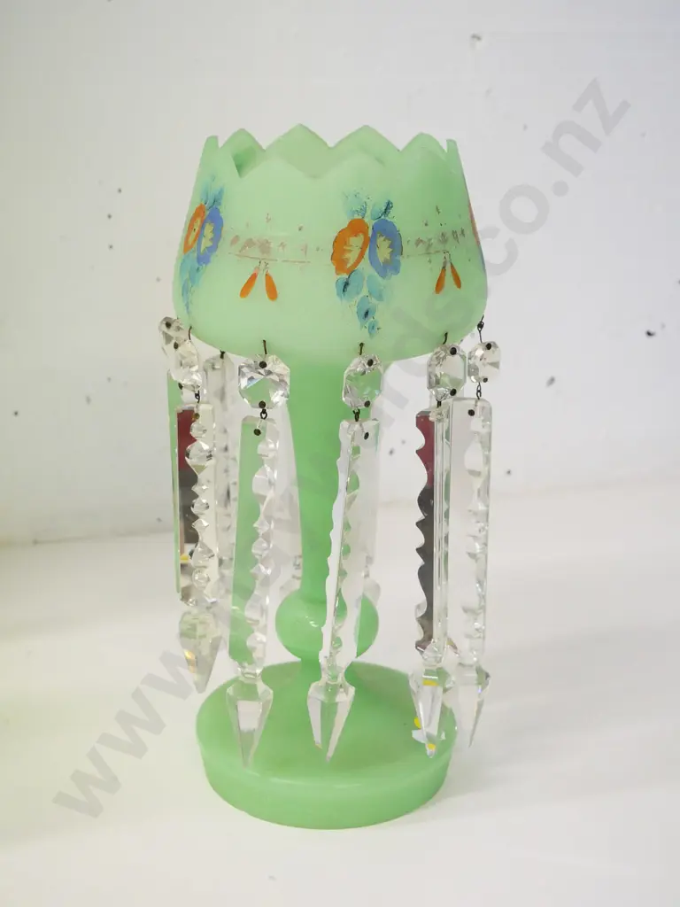 opaque green glass lustre vase with painted floral decoration - wear to finish H-330 Image 1++