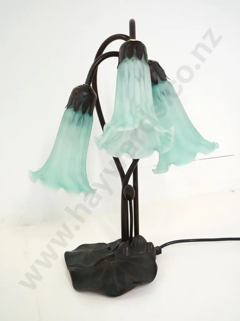 reproduction Tiffany style 3-light lamp with composite base & mottled frosted green glass shades H-420 Image 1++