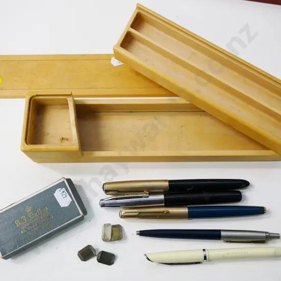 pair of sterling silver cufflinks & assorted vintage pens - Platignum x 2, Parker x 3, one is biro others fountain pens