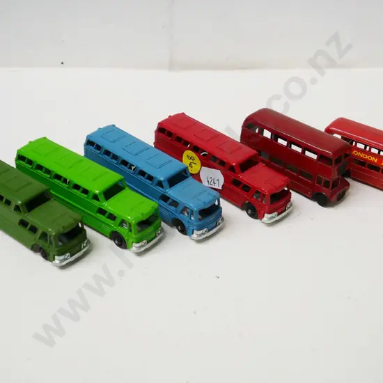 6 die-cast miniature buses - 4 Fun Ho Landliners, one Lesney & one other London bus,