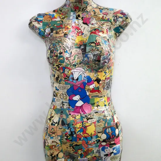 Leanne Hancock 2010 - comic book decoupage on papier mache torso artwork H-690 W-370