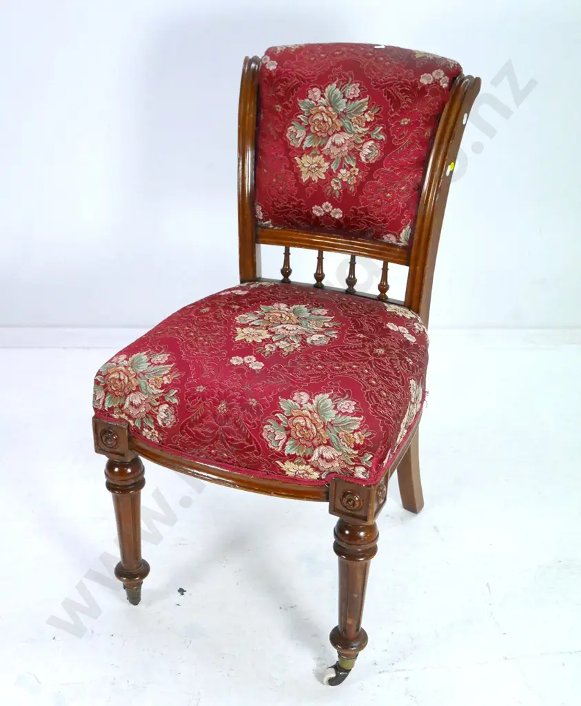 Victorian mahogany dining chair w/spindle & upholstered back, red damask, front casters H-920 W-500 D-480 Image 1++