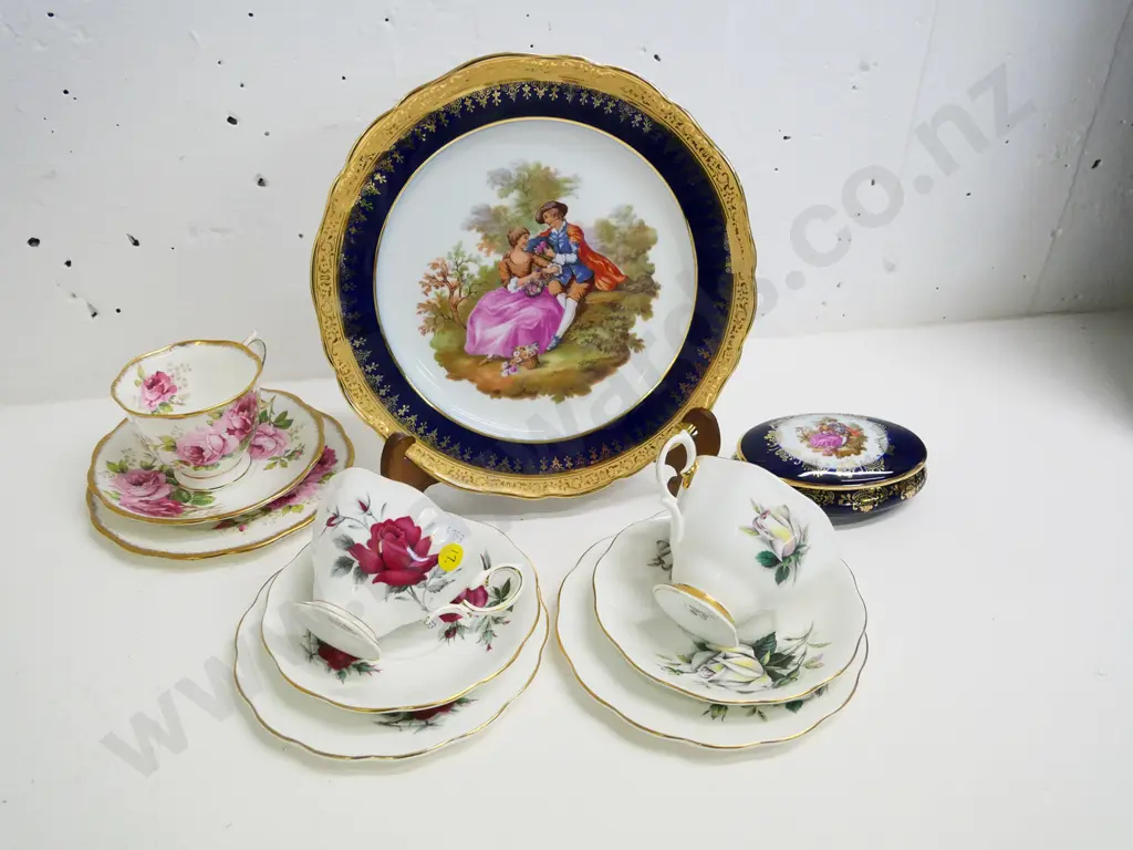3 Royal Albert trios (American Beauty, Sweetheart Roses, Sweet Romance) & 2 Limoges items: jewellery box and plate D250 Image 1++