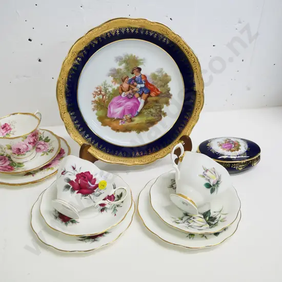 3 Royal Albert trios (American Beauty, Sweetheart Roses, Sweet Romance) & 2 Limoges items: jewellery box and plate D250