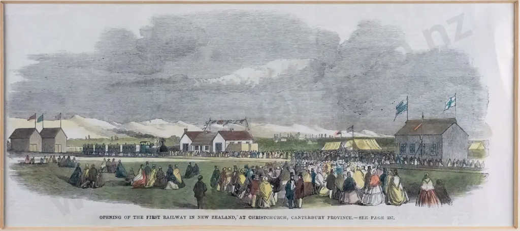 framed engraving - Opening of first railway in New Zealand, Christchurch H-110 W-250 Image 1++