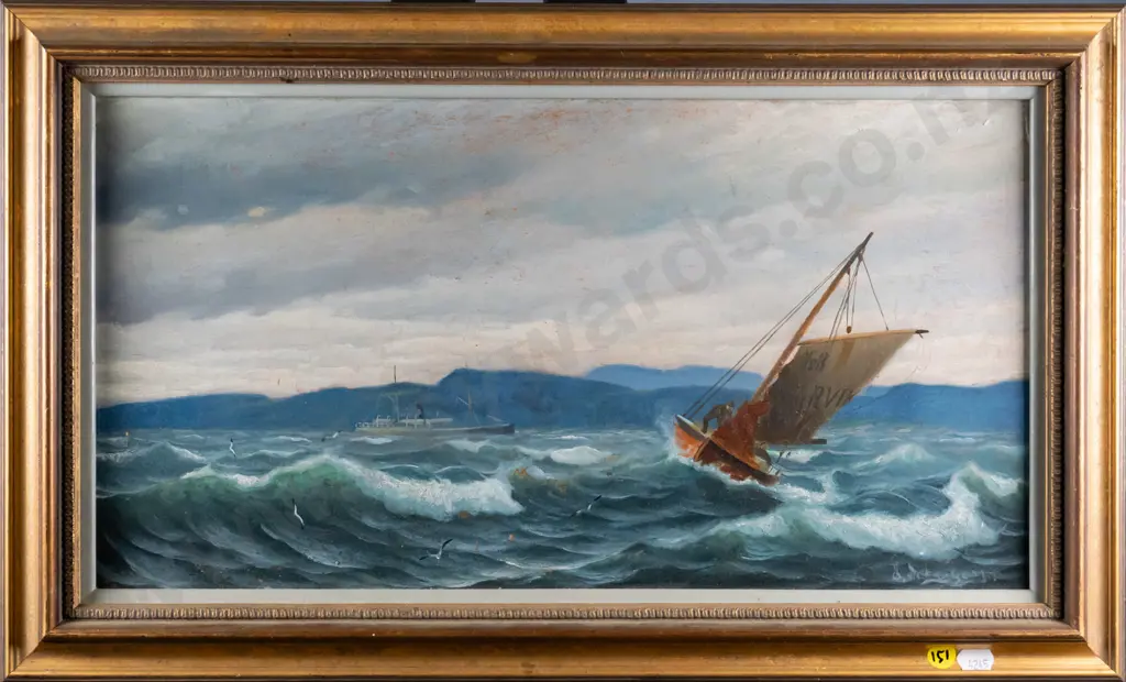 illegible signature - framed oil - boats H-240 W-460 Image 1++
