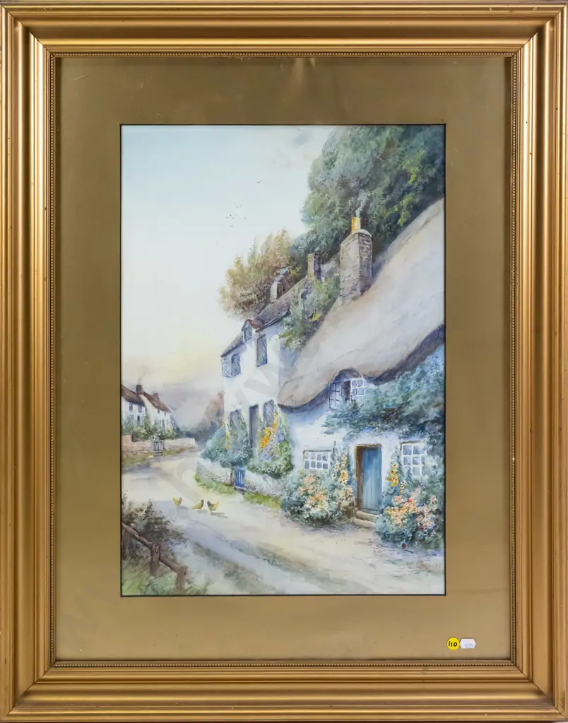 gilt framed watercolour - village scene H-530 W-370 Image 1++