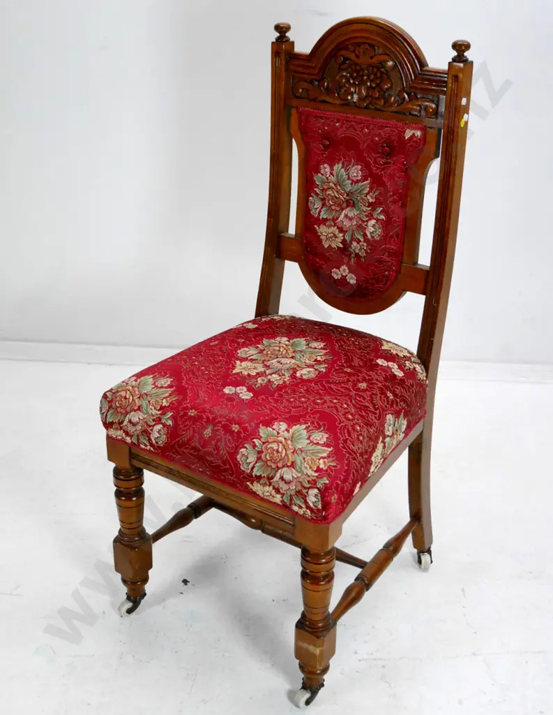 Victorian high-back mahogany occasional chair w/carved & upholstered back,porcelain casters, red damask H1050 W500 D500 Image 1++
