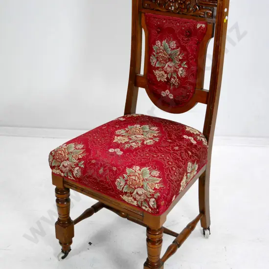 Victorian high-back mahogany occasional chair w/carved & upholstered back,porcelain casters, red damask H1050 W500 D500