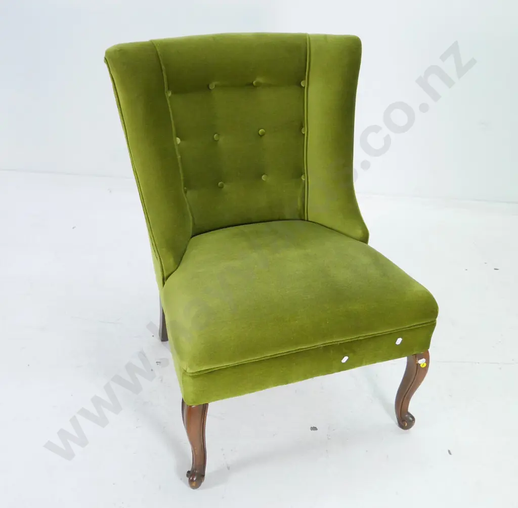 armless lounge chair with olive green velvet deep-button upholstery, some wear to finish on legs H-870 W-600 D-700 Image 1++