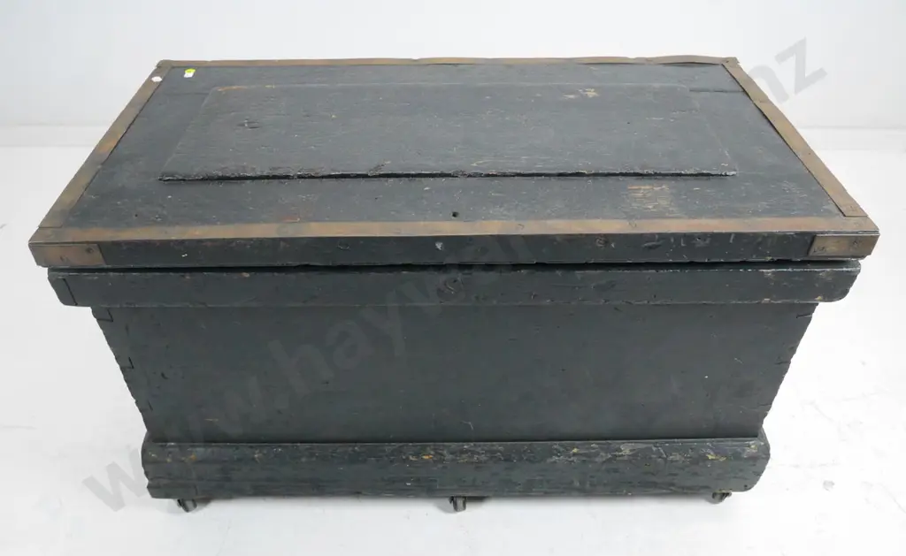 black painted timber chest with inset trays, brass catch and metal handles and binding, on casters H-510 W-880 D-480 Image 1++