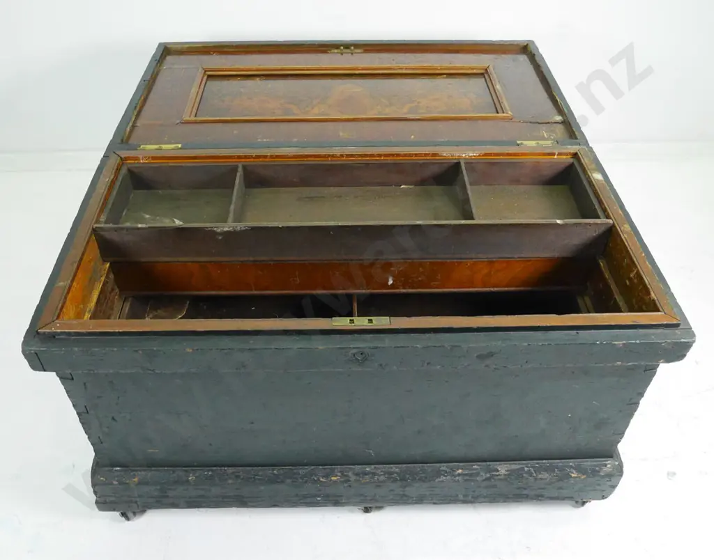 black painted timber chest with inset trays, brass catch and metal handles and binding, on casters H-510 W-880 D-480 Image 1++