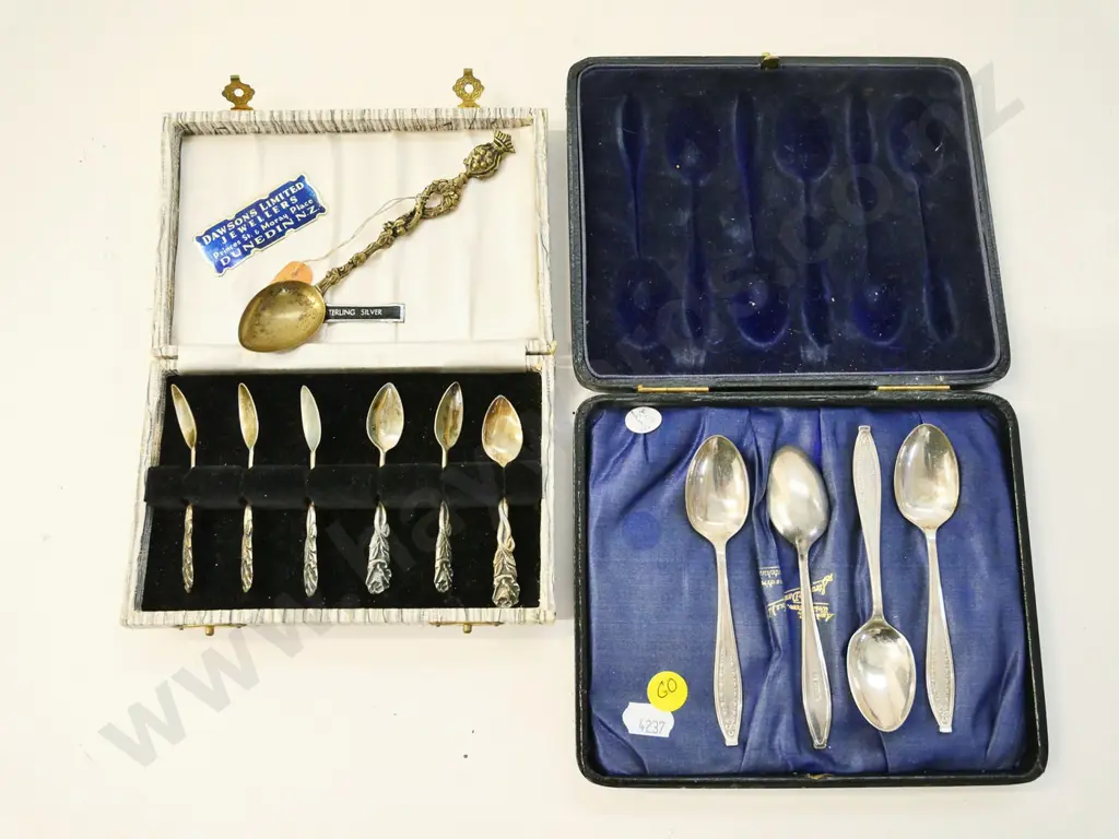 5 cased sterling silver teaspoons, set of 6 sterling silver coffee spoons, and a brass souvenir Medici teaspoon Image 1++