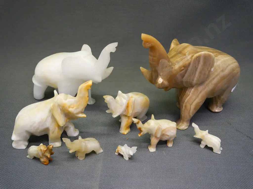 collection of alabaster carved elephants - varied sizes, several have chips, incl. broken tusk on largest H-190 L-220 Image 1++