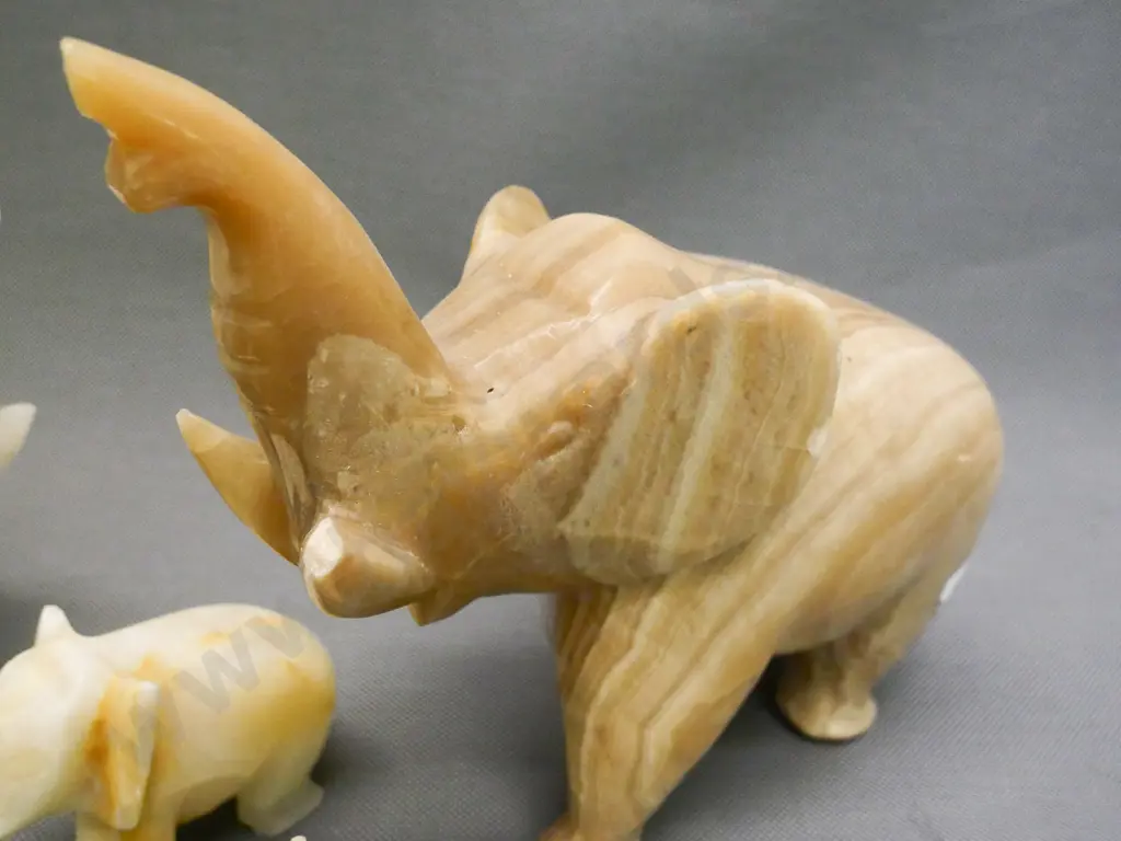 collection of alabaster carved elephants - varied sizes, several have chips, incl. broken tusk on largest H-190 L-220 Image 1++