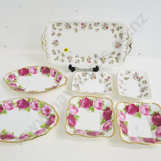 Royal Albert china - Winsome sandwich tray L-300 W-175 and 2 small dishes & 4 Old English Rose dishes