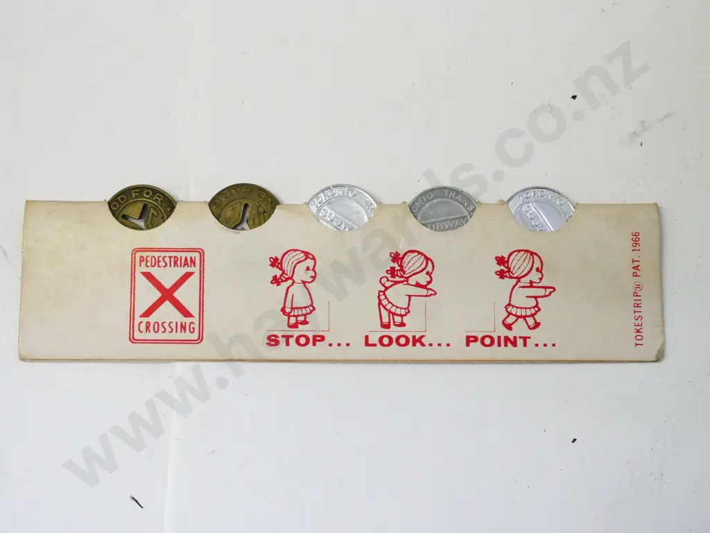 cardboard subway / streetcar token holder with 5 tokens - 3 Toronto TTC and 2 New York City Image 1++