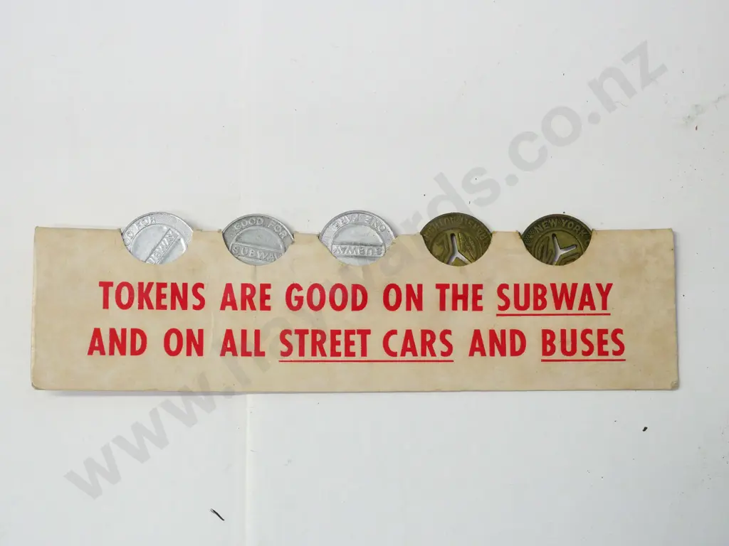 cardboard subway / streetcar token holder with 5 tokens - 3 Toronto TTC and 2 New York City Image 1++