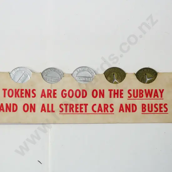 cardboard subway / streetcar token holder with 5 tokens - 3 Toronto TTC and 2 New York City