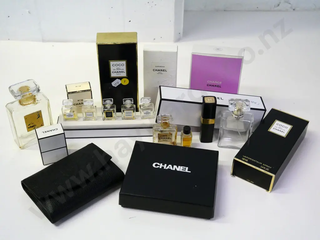 assorted Chanel items - boxed leather wallet empty perfume boxes & bottles some with part contents, Image 1++