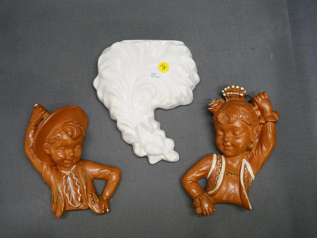 pair of Italian terracotta wall hanging dancing figures, one with chip in paint, H-190 and a white wall pocket vase Image 1++