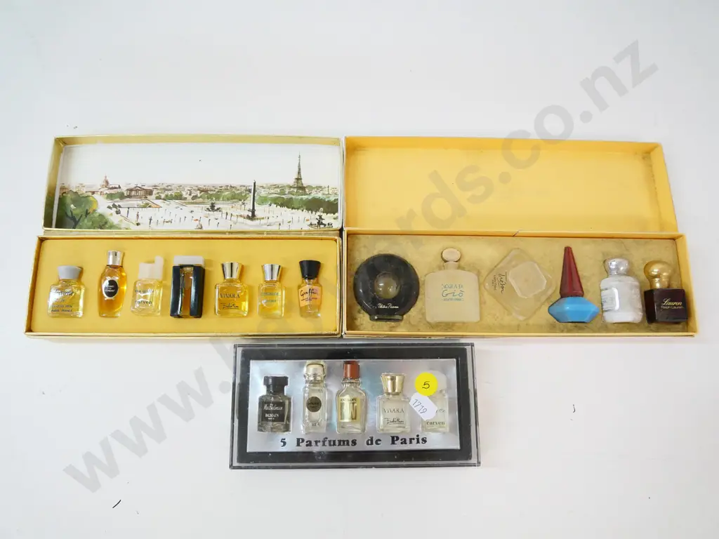 3 boxed perfume miniature sets - assorted perfumes from Armani, Ralph Lauren, Cacharel, Balmain etc. Image 1++
