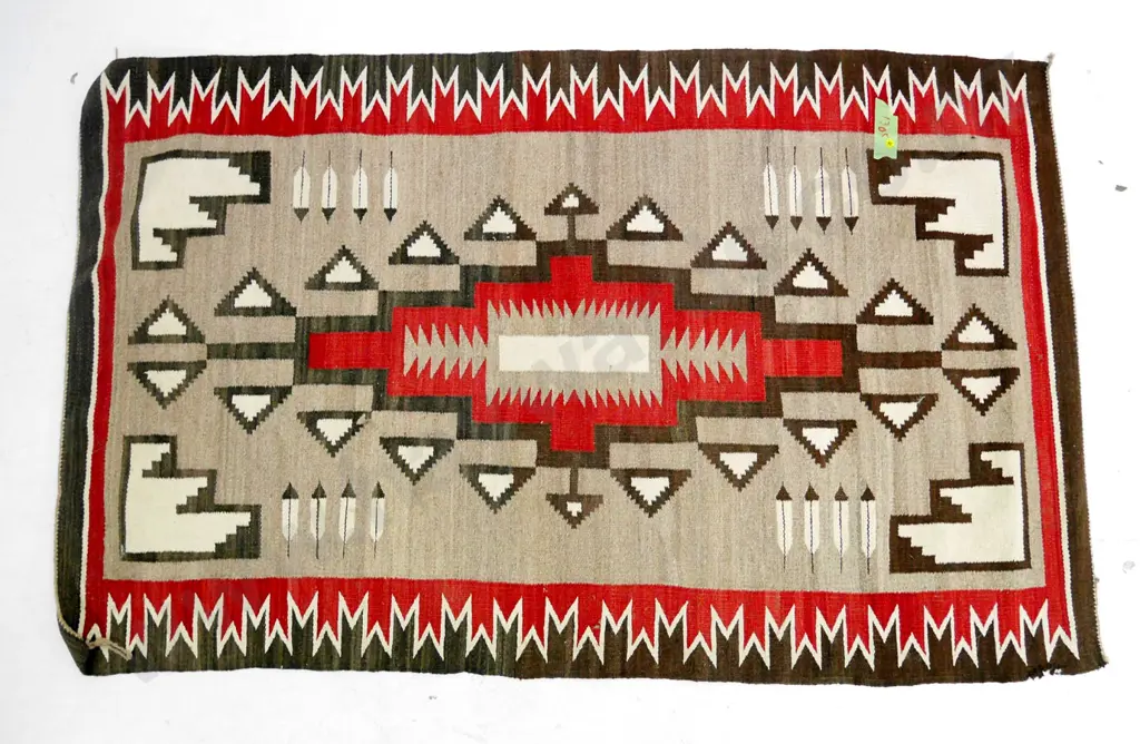 hand-woven wool New Mexico Navajo pattern floor rug - fraying in one spot L-1530 W-940 Image 1++