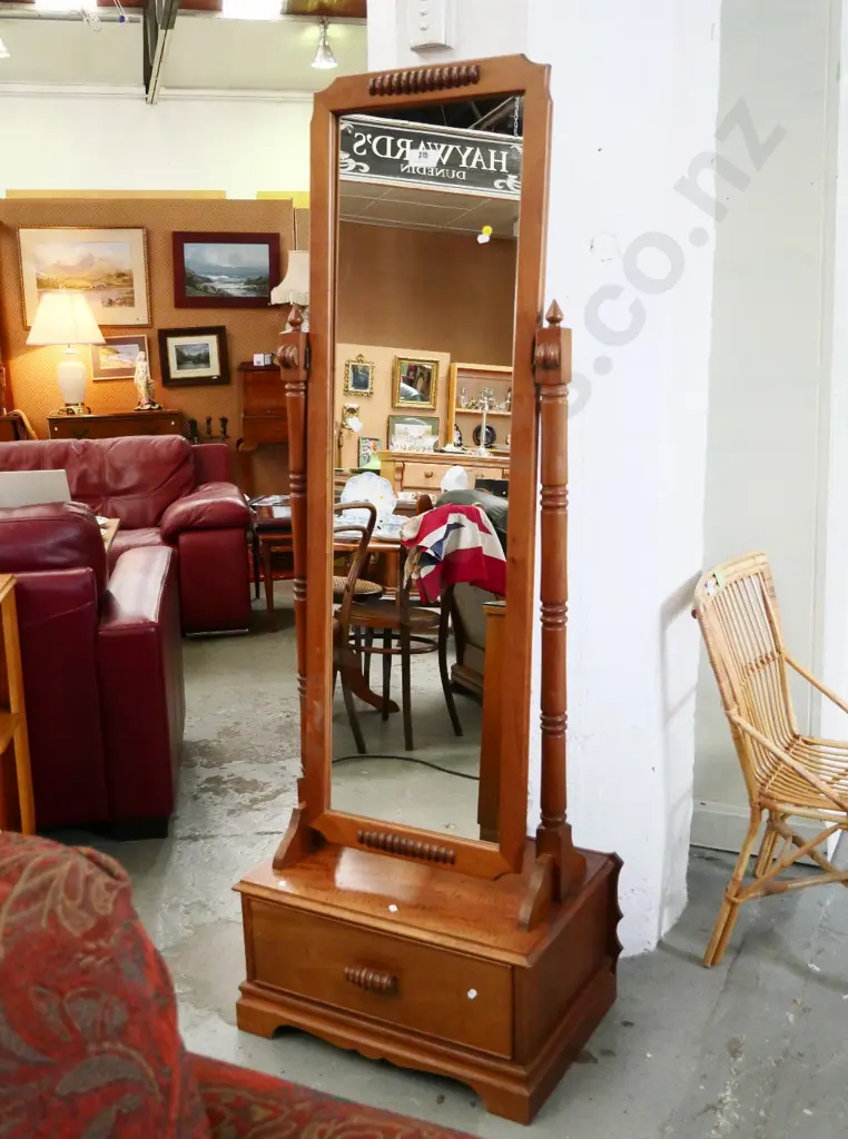 deco style mahogany full length cheval mirror with lower drawer, turned supports H1660 W580 D400 Image 1++