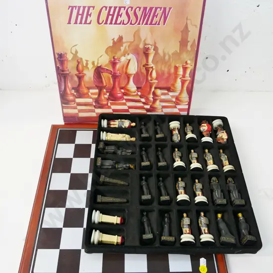 composite Romans versus Egyptians chess set with wood and plastic board
