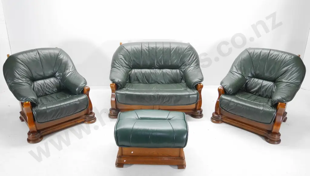 oak and green leather upholstered lounge suite with 1x 2 seater, 2x single armchairs and storage ottoman.  2 seater Image 1++