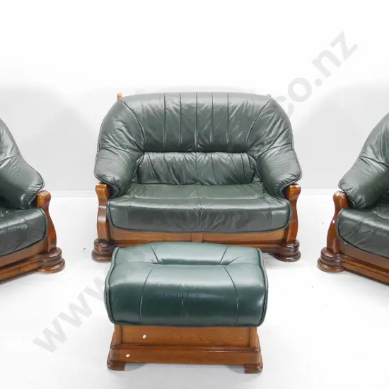 oak and green leather upholstered lounge suite with 1x 2 seater, 2x single armchairs and storage ottoman.  2 seater