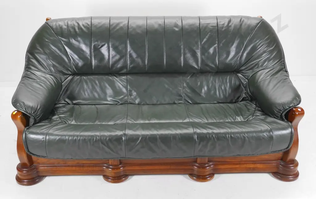 heavy oak-framed 4-seater settee with green leather upholstery H910 W1880 D960 Image 1++