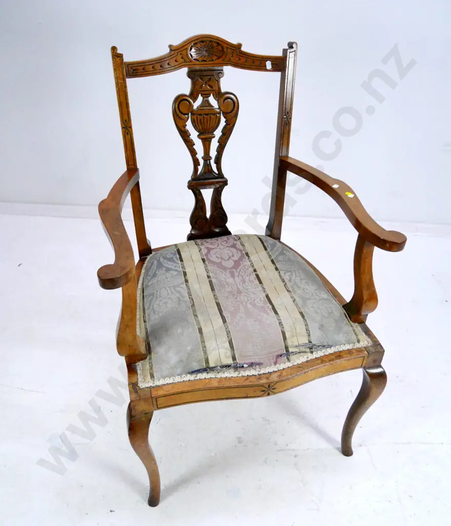 Edwardian carved-splat cab-leg carver chair, needs re-upholstering H-880 W-560 D-550 Image 1++