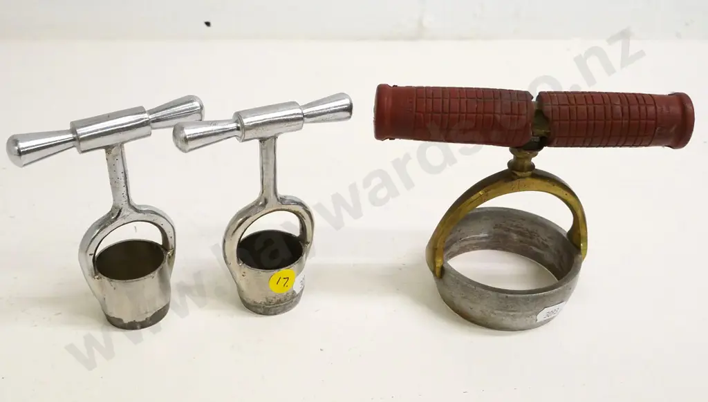 3 "host cutter" communion bread cutters - one with brass rubber-coated handle, two are steel, taller is H-120 Image 1++