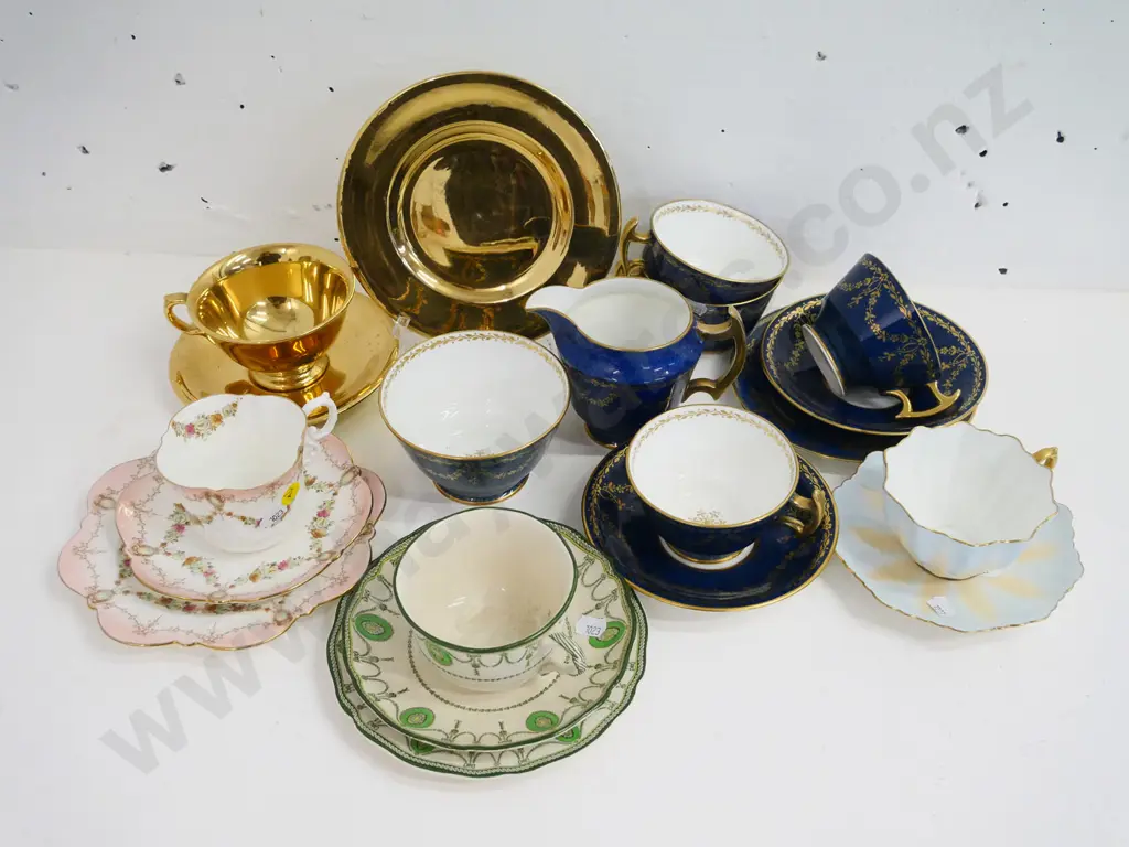 assorted English teaware - part Collingwood cobalt tea set, Ainlsey, Royal Winton gilded & Doulton Countessa trios etc. Image 1++