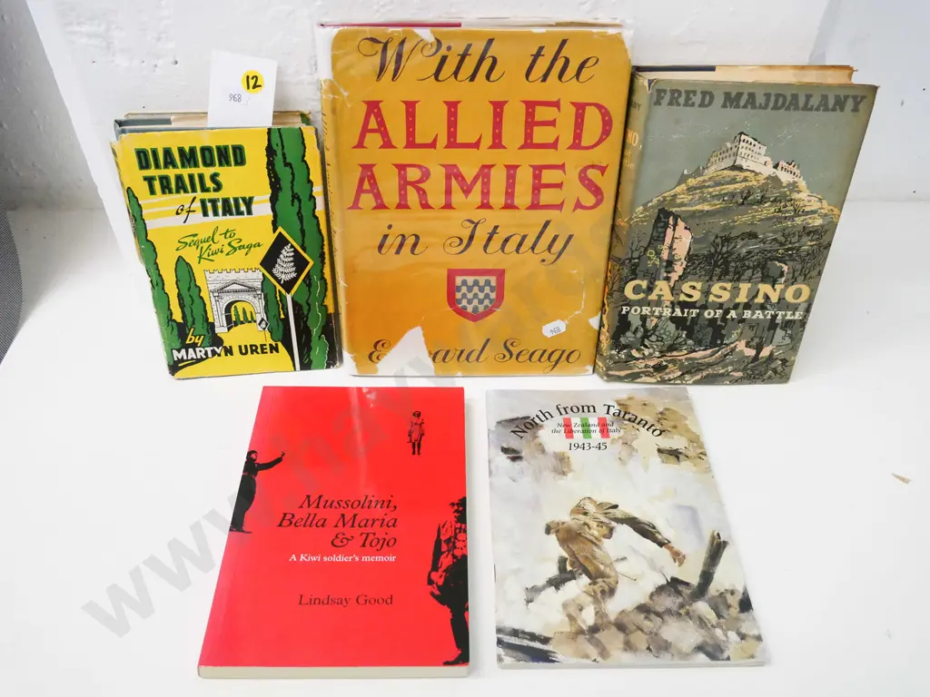 5 NZ military books, Italy campaign - Cassino, North from Taranto, Martyn Uren, Edward Seago, Lindsay Good Image 1++