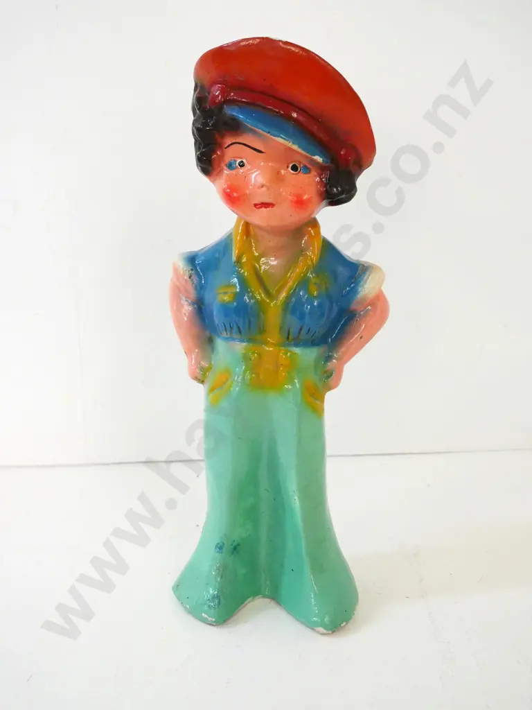 vintage painted plaster figure - woman with military or sailor's cap, some paint loss H-330 Image 1++