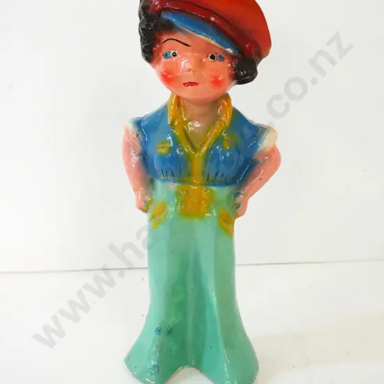 vintage painted plaster figure - woman with military or sailor's cap, some paint loss H-330