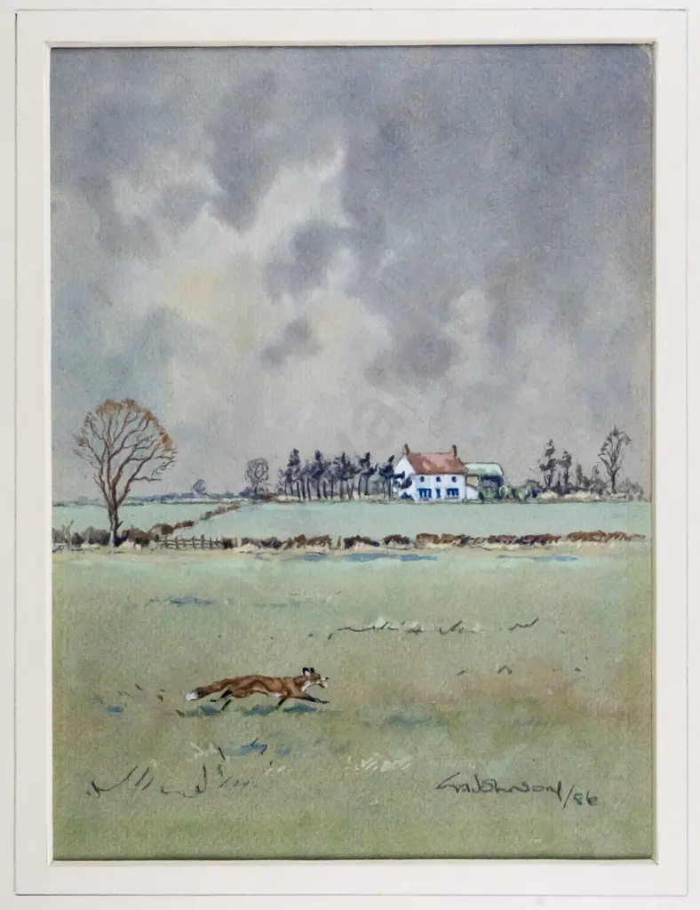 framed watercolour - fox in countryside H-210 W-160 Image 1++