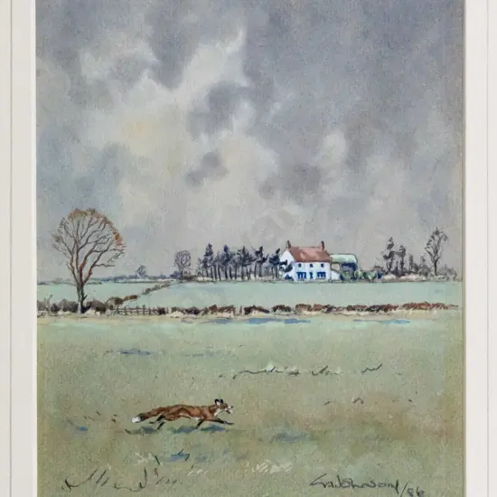 framed watercolour - fox in countryside H-210 W-160